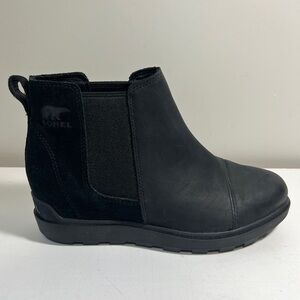 Sorel Evie ll Wedge Chelsea Boots 8 Black Leather Suede Waterproof Ankle Boots